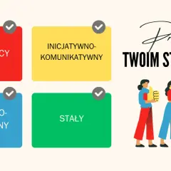 Ilustracja z czterema kolorowymi polami opisującymi cechy osobowości i ludźmi z kciukami w górę.