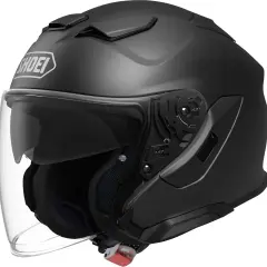 Black Shoei jet helmet with clear visor and ventilation.