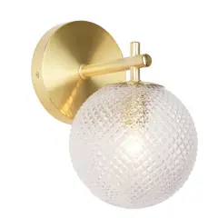 Aplique de pared redondo con acabado dorado y pantalla de cristal texturizado.