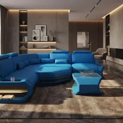 Ein luxuriöses Wohnzimmer mit einer auffälligen, blauen **conversation pit**-Sitzgruppe, die zum Entspannen einlädt.