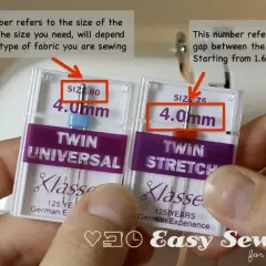 Hands hold twin needle packs, showing sizes 80 and 75. The gap between needles is also a key factor.
