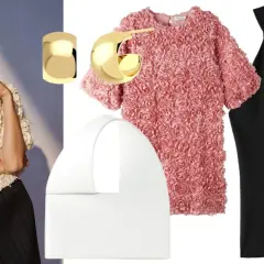 En modell visar en krämvit topp med blomdetaljer. Bredvid syns en rosa blommig topp, en vit handväska, guldsmycken och en svart ribbad topp, som en silver tshirt.