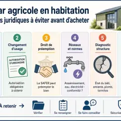 Infographie sur les pièges juridiques pour transformer un hangar agricole en habitation. Elle détaille 6 points clés : destination, changement d'usage, droit de préemption, réseaux, diagnostic et assurances.