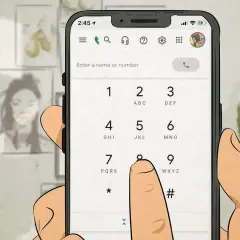 Palec dotyka klawiatury telefonu, aby zapisać nowy kontakt. Widoczny jest ekran wybierania numeru.