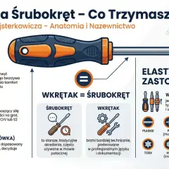 Ilustracja przedstawia różne rodzaje śrubokrętów i ich części, wyjaśniając różnice między "wkrętakiem" a "śrubokrętem" oraz typy końcówek.