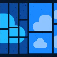 Un grand nuage bleu, symbole d'un cloud agnostique, se découpe à travers des rectangles sombres. D'autres nuages plus petits flottent dans des cadres bleus lumineux.