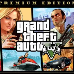Okładka "Grand Theft Auto V Premium Edition" z postaciami, helikopterem, psem i samochodami. Szukasz GTA V za darmo?