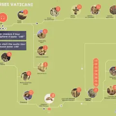 Mapa z trasą zwiedzania Muzeów Watykańskich. Pokazuje wejście, wyjście, wypożyczalnię audioprzewodników i poszczególne sale.