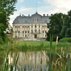 Zamek w Pszczynie, otoczony zielenią, z jeziorem w tle. Ciekawostki o jego historii i architekturze przyciągają turystów.