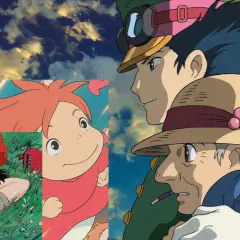 A collage of Studio Ghibli aesthetic scenes: Kiki relaxing in grass, Ponyo running, and Howl with Sophie against a dramatic sky.