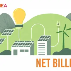 Ilustracja przedstawia dom z panelami słonecznymi i turbinami wiatrowymi, symbolizującymi prosumenta i odnawialne źródła energii.