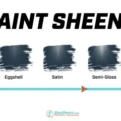 A paint sheen chart displays five swatches from flat/matte to gloss, illustrating how light reflects differently on each surface.