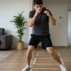 Man practicing boxing lateral movement in his living room, with boxing gloves on the floor.