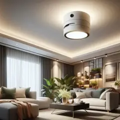 Elegante salón con sofás grises y un moderno detector de techo que ilumina el espacio.