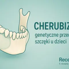 Ilustracja żuchwy z widocznymi przerostami kostnymi, opisująca cherubizm – genetyczne schorzenie wpływające na rozwój szczęk u dzieci.
