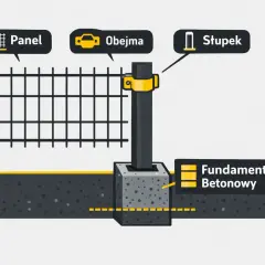Schemat przedstawia elementy ogrodzenia panelowego: panel, obejmę, słupek i fundament betonowy.