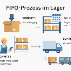 Schema des FIFO-Prozesses im Lager: Wareneingang, Lagerung nach Datum, älteste Ware zuerst entnehmen, Versand.