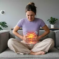 Donna seduta sul divano con le mani sull'addome, soffre di mal di pancia e diarrea. L'immagine mostra un'illustrazione del suo intestino infiammato.
