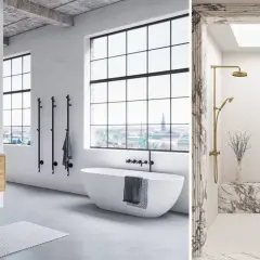 Modernt badrum med dubbeldusch i marmor och mässing. Enkel design med trädetaljer ger badrum inspiration.