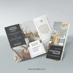 A tri-fold brochure for Haven & Home, showcasing furniture and customer testimonials. It highlights "Curated Living. Delivered." and offers a 15% discount.