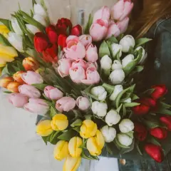 Bukieta kolorowych tulipanów trzymana przez osobę w dżinsowej kurtce.