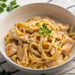 Pyszne makaron alfredo z kawałkami kurczaka w kremowym sosie, udekorowane natką pietruszki.