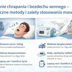 Ilustracja pokazuje leczenie bezdechu sennego za pomocą maski CPAP. Po lewej mężczyzna śpi z otwartymi ustami, po prawej śpi z maską CPAP.
