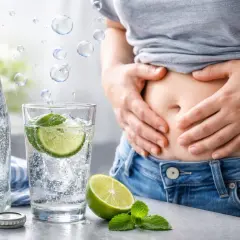 Une personne tient son ventre gonflé, à côté d'une bouteille et d'un verre d'eau gazeuse avec du citron et de la menthe. L'eau gazeuse peut parfois causer des gaz intestinaux.