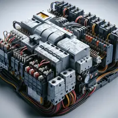 Złożony panel elektryczny z bezpiecznikami, przekaźnikami i przewodami.