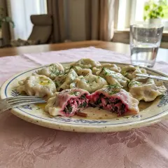 Pyszne pierogi z farszem na pierogi ruskie Magdy Gessler, polane masłem i posypane koperkiem. Jedna pierożka przekrojona, ukazująca bogate wnętrze.