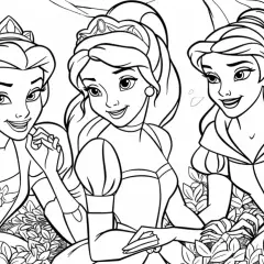 Tres dibujos de princesas sonrientes con tiaras, rodeadas de flores y hojas, listas para ser coloreadas.