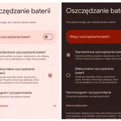 Dwa ekrany telefonu z opcjami oszczędzania baterii. Po lewej jasny motyw, po prawej ciemny. Oba pokazują przełącznik "Włącz oszczędzanie baterii" oraz opcje "Standardowe" i "Maksymalne".