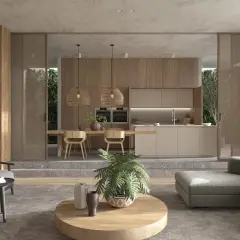 Ein Wohnzimmer mit Essbereich und Küche im Japandi Stil. Natürliche Materialien und dezente Farben schaffen eine ruhige Atmosphäre.