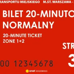 Bilet 20 minutowy normalny na strefę 1+2 w Warszawie. Cena 3,40 zł.