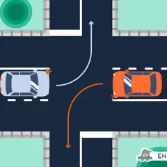 Un carrefour à l'indonésienne avec deux voitures, une bleue et une orange, naviguant dans des directions opposées.