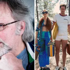 Porträtt av Marijke Demuynck bredvid en scen med tre personer i retrokläder.