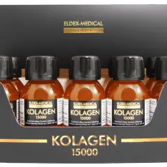 Zestaw sześciu buteleczek z płynnym hydrolizowanym kolagenem 15000 mg. Opakowanie z logo Eldex-Medical Beauty.