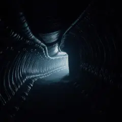 Mroczny, organiczny tunel, przypominający wnętrze obcego, prowadzi w stronę jasnego światła.
