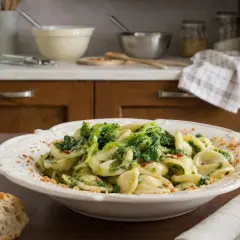 Piatto di orecchiette cime di rapa, condite con peperoncino e pangrattato, su un tavolo di legno.