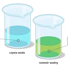 Ilustracja przedstawia dwa rodzaje roztworów: czystą wodę (niebieskie kuleczki) i roztwór wodny, gdzie cząsteczki wody (niebieskie) są zmieszane z rozpuszczoną substancją (zielone kuleczki).
