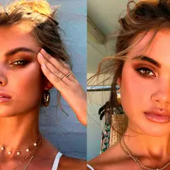 Två kvinnor med solkysst hud och mjukt, varmt smink. Deras ögon är markerade med bruna toner, en look som påminner om latte makeup.