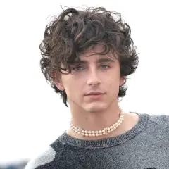 Timothée Chalamet, avec sa coupe bouclée iconique, porte un collier de perles et un pull gris.