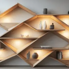 A modern, geometric wooden bookshelf with integrated lighting, showcasing decorative items. This design offers inspiration for how to build wall shelves with a unique, artistic flair.