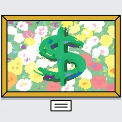 A painting of a green dollar sign on a floral background, framed in gold. This artwork reflects current art market trends, where symbols of wealth are often juxtaposed with nature.