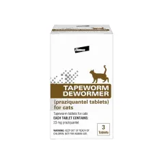 Box of Elanco Tapeworm Dewormer (praziquantel tablets) for cats, containing 3 tablets, each with 23 mg praziquantel.