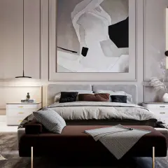 Elegancka sypialnia modern classic z dużym łóżkiem, abstrakcyjnym obrazem i stylowymi dodatkami.