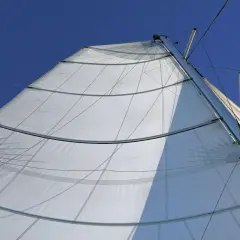 Vela bianca randa full batten spiegata al vento, con stecche orizzontali e cavi che salgono verso il cielo azzurro.