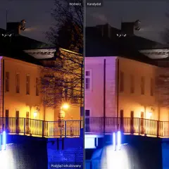 Dwa ujęcia nocnego budynku z mostkiem. Po lewej widać więcej detali, po prawej obraz jest bardziej ziarno.