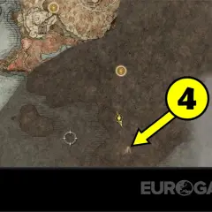 Mapa Elden Ring z zaznaczonym punktem 4. Strzałka wskazuje małą, samotną budowlę na mglistym terenie.