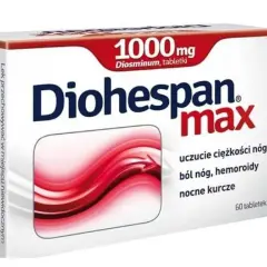 Opakowanie leku Diohespan max z diosminą 1000 mg. Czy diosmina jest lekiem przeciwzakrzepowym? Lek stosowany na ciężkość nóg, ból nóg i hemoroidy.